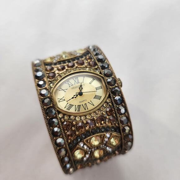 Heidi Daus Hinged Cuff Bracelet Watch Tan Swarovski Crystals Bangle Bronze New - Picture 7 of 11
